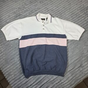 Taylor & Henry Mens Waffle Knit‎ Polo Shirt Blue White Pink Colorblock Size M